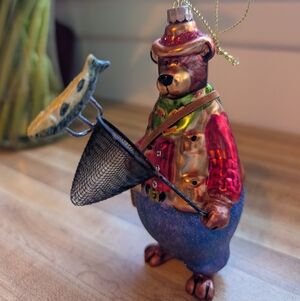 Fisherman Bear Glass Blown Ornament